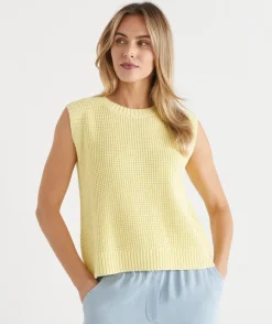 Sussan Tops|Knitwear>Back Button Tuck Stitch Knit Vest LEMON SORBET