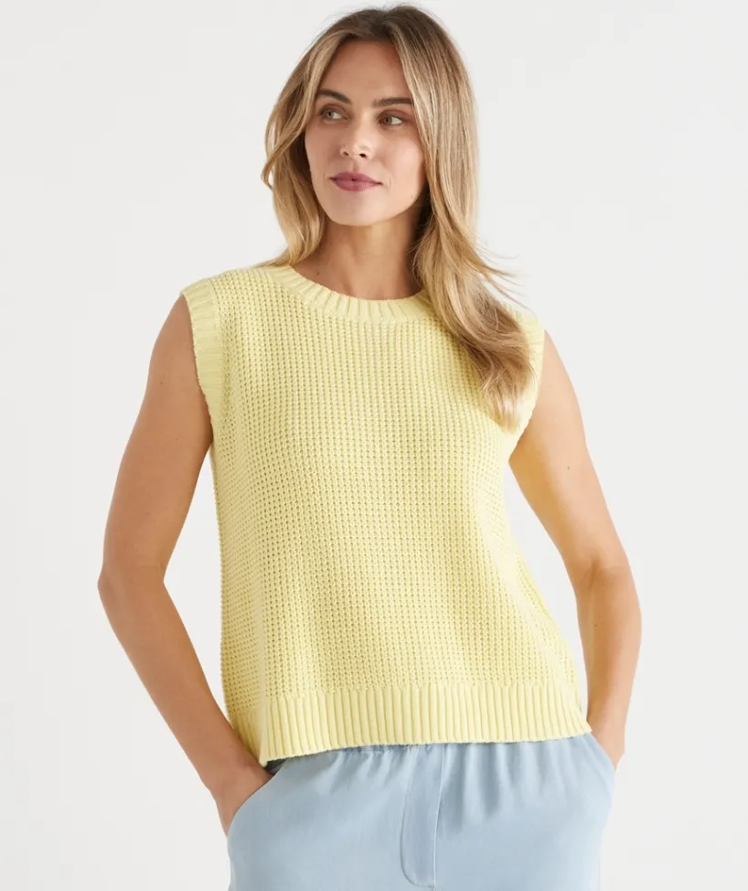 Sussan Tops|Knitwear>Back Button Tuck Stitch Knit Vest LEMON SORBET