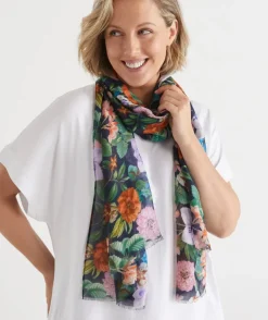 Sussan Scarves>Bright Botanical Scarf - NAVY