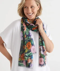 Sussan Scarves>Bright Botanical Scarf - NAVY