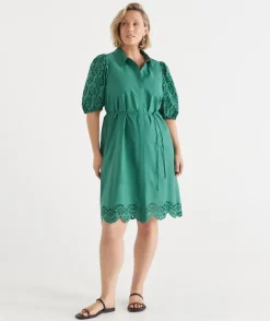 Sussan Dresses>Broderie Puff Sleeve Dress DEEP JADE