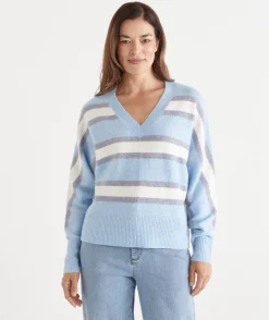 Sussan Tops|Knitwear>Brushed Stripe V Neck Jumper BLUE MIST