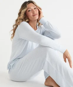 Sussan Pyjama Bottoms>Brushed Wide Leg Stripe Pyjama Pant - Blue SOFT BLUE