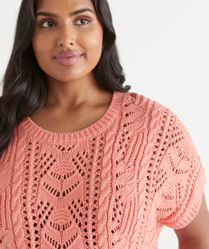 Sussan Tops|Knitwear>Cable Short Sleeve Knit PEACH