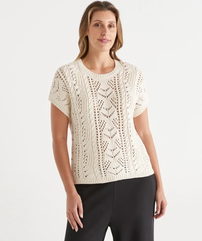 Sussan Tops|Knitwear>Cable Short Sleeve Knit PEACH