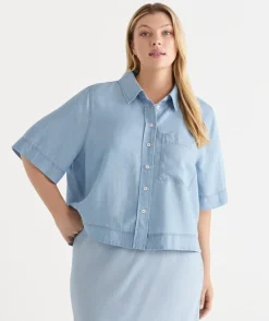 Sussan Tops|Matching Sets>Chambray Boxy Short Sleeve Shirt