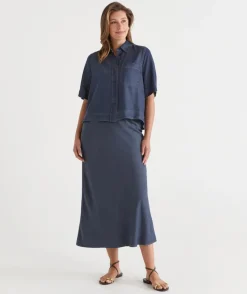Sussan Skirts>Chambray Drawstring Midi Skirt