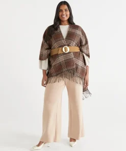 Sussan Wraps & Ponchos>Check Print Tassel Cape COFFEE
