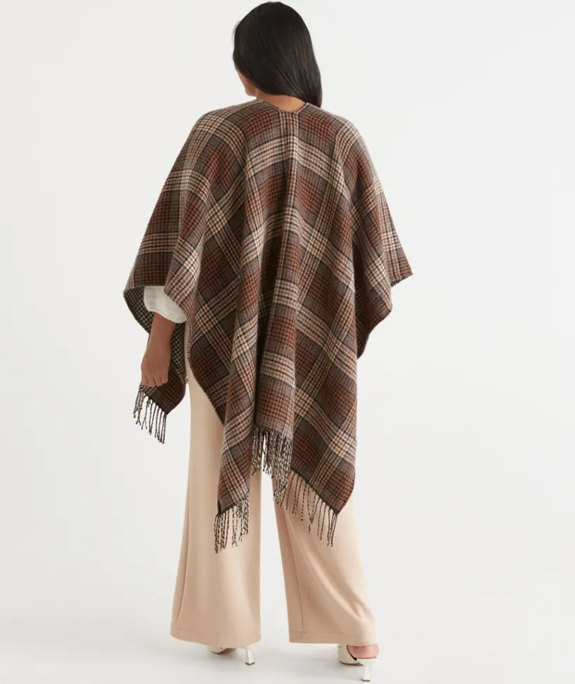 Sussan Wraps & Ponchos>Check Print Tassel Cape COFFEE