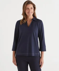 Sussan Tops>Contrast Stitch Collared 3/4 Sleeve Top INK