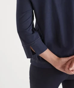 Sussan Tops>Contrast Stitch Collared 3/4 Sleeve Top INK