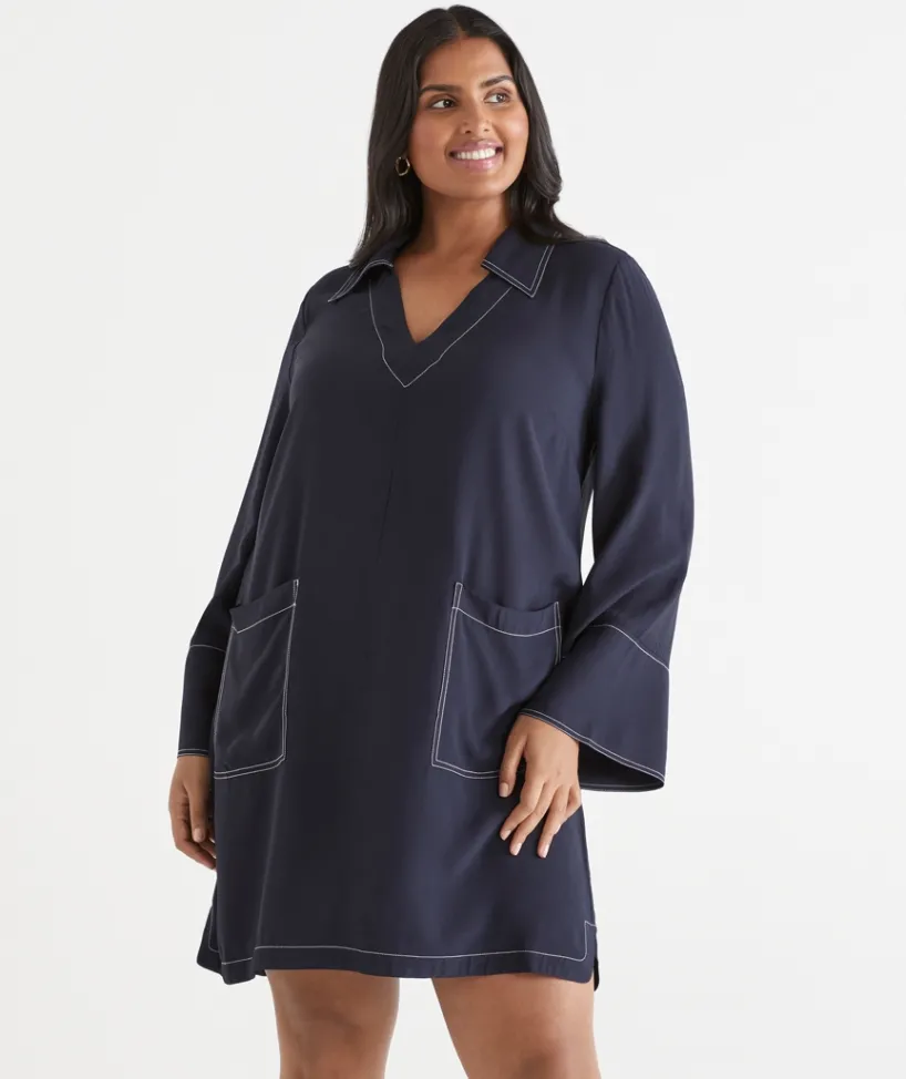 Sussan Dresses>Contrast Stitch Collared Popover Dress MIDNIGHT