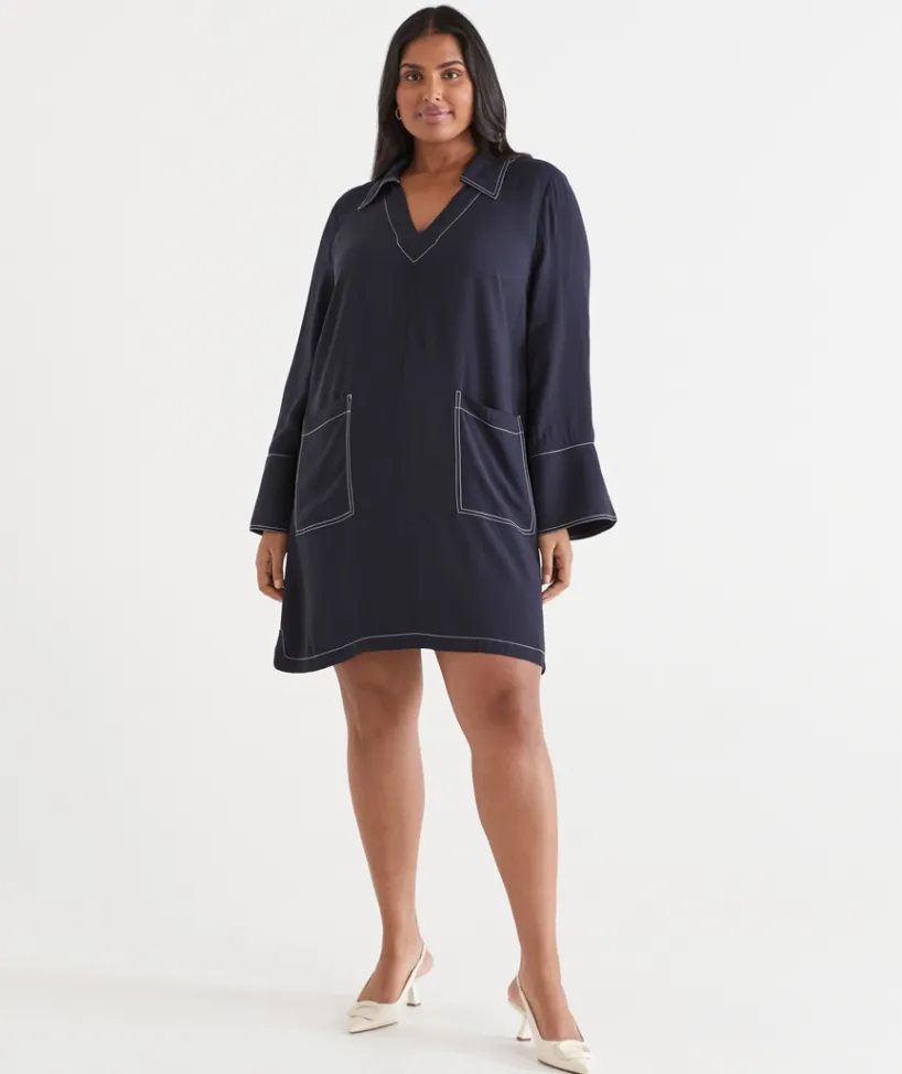 Sussan Dresses>Contrast Stitch Collared Popover Dress MIDNIGHT
