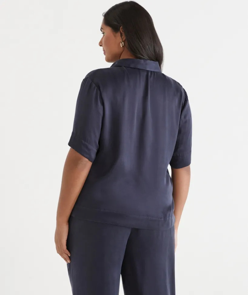 Sussan Tops|Matching Sets>Cupro Short Sleeve Shirt INK