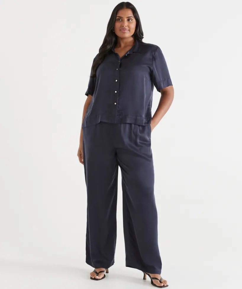 Sussan Tops|Matching Sets>Cupro Short Sleeve Shirt INK