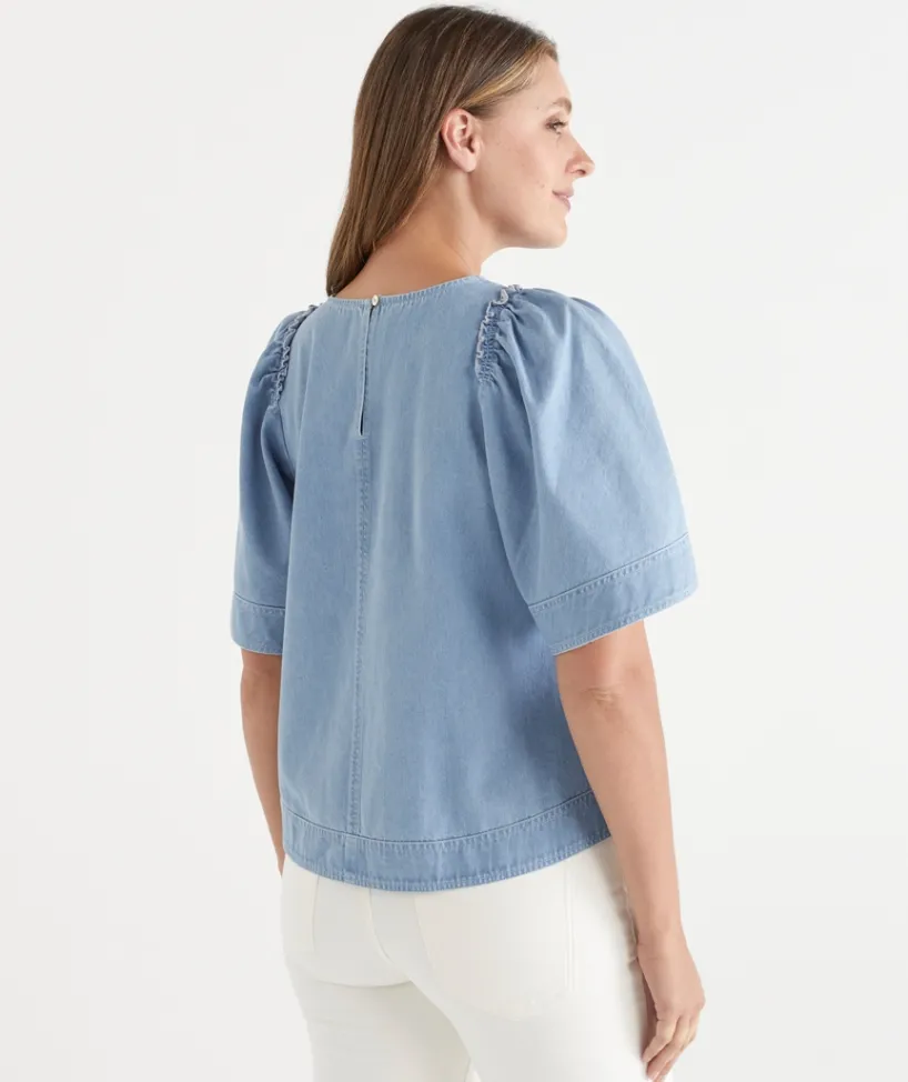 Sussan Tops|Denim>Denim Flutter Sleeve Top LIGHT WASH