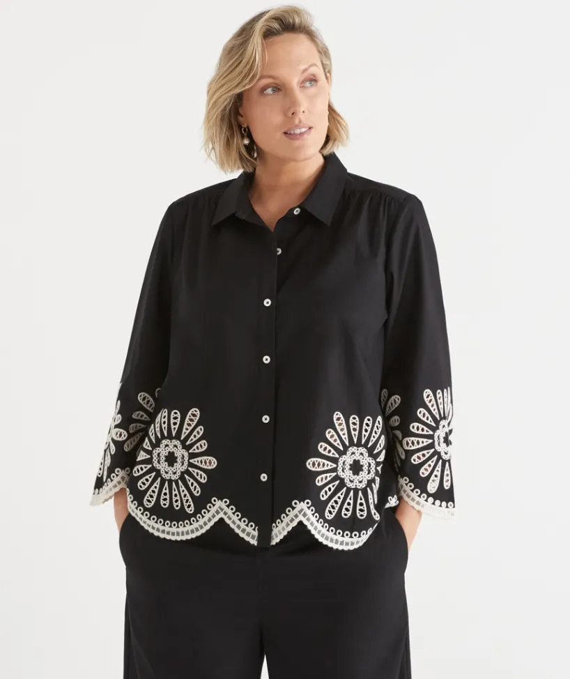 Sussan Tops|Shirts & Blouses>Embroidered Scallop Hem Shirt - BLACK