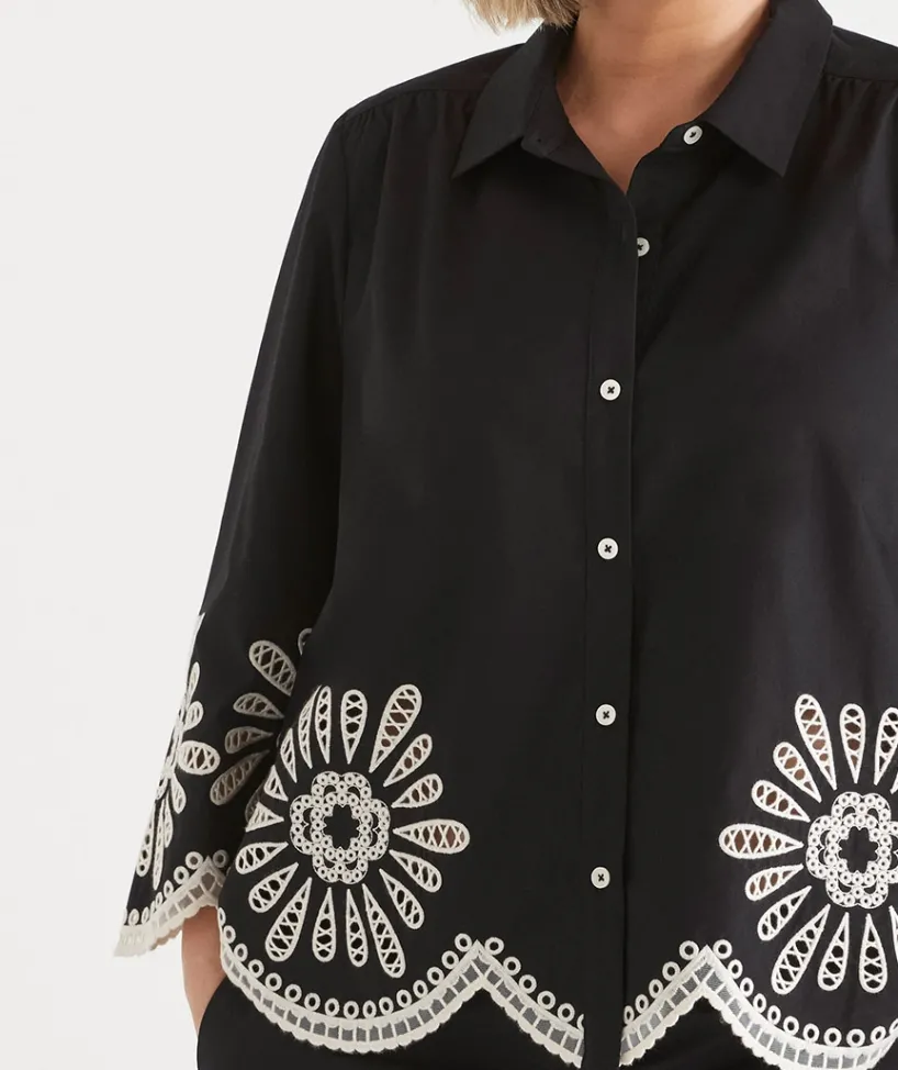 Sussan Tops|Shirts & Blouses>Embroidered Scallop Hem Shirt - BLACK