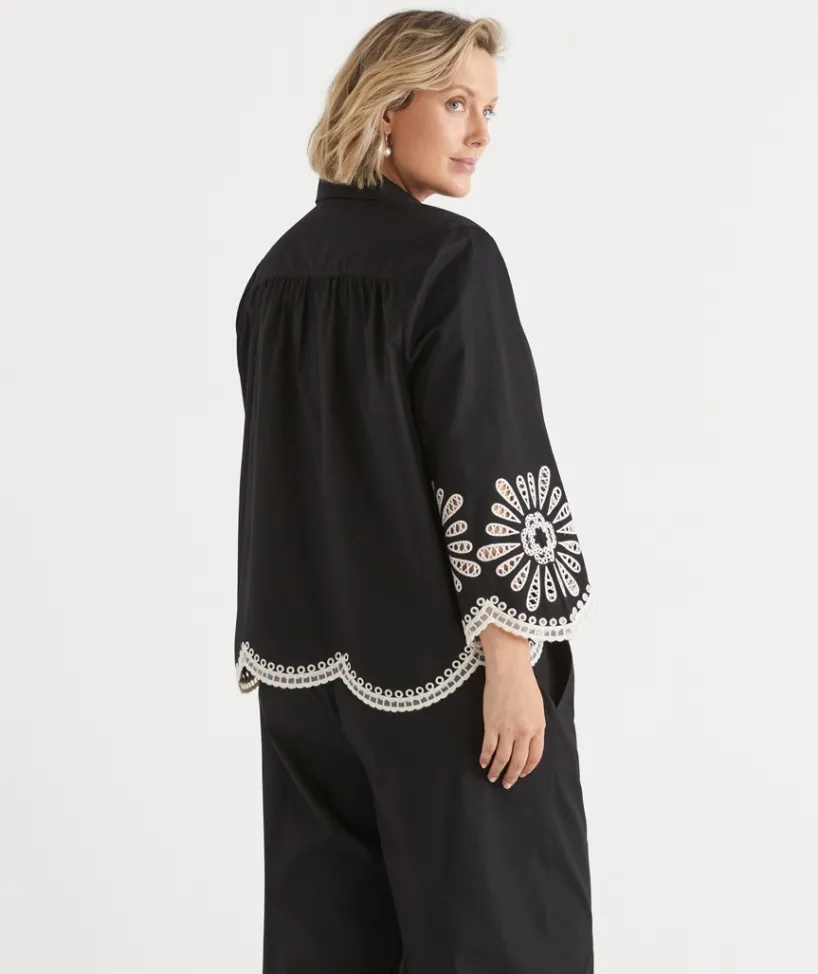 Sussan Tops|Shirts & Blouses>Embroidered Scallop Hem Shirt - BLACK