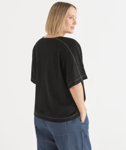 Sussan Tops|T-Shirts>Extended Shoulder Contrast Stitch Top BLACK