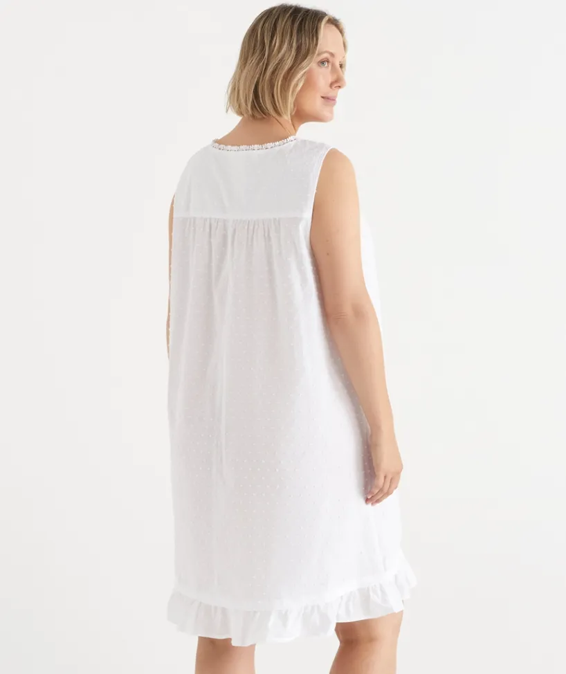 Sussan Nighties>Flock Spot Sleeveless Nightie WHITE