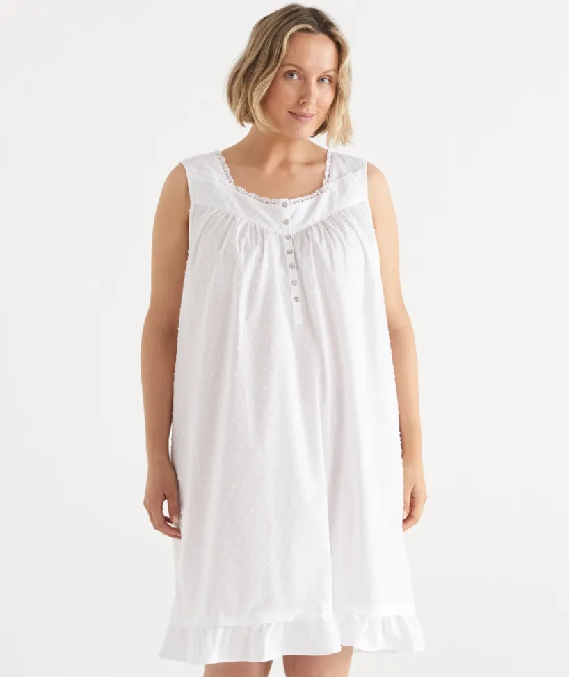 Sussan Nighties>Flock Spot Sleeveless Nightie WHITE
