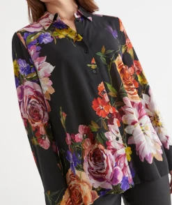 Sussan Tops|Shirts & Blouses>Floral Bloom Long Sleeve Shirt BLACK