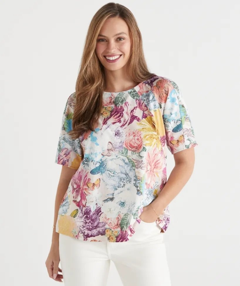 Sussan Tops>Floral Brights Seam Detail Short Sleeve Top MULTI