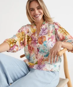 Sussan Tops|Shirts & Blouses>Floral Brights Trim Neck 3/4 Sleeve Linen Top ANTIQUE WHITE
