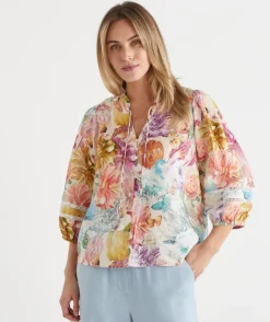 Sussan Tops|Shirts & Blouses>Floral Brights Trim Neck 3/4 Sleeve Linen Top ANTIQUE WHITE