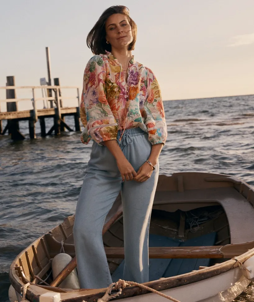 Sussan Tops|Shirts & Blouses>Floral Brights Trim Neck 3/4 Sleeve Linen Top ANTIQUE WHITE