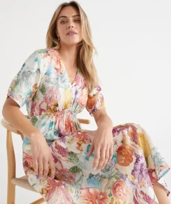 Sussan Dresses>Floral Brights V Neck Shirred Midi Linen Dress ANTIQUE WHITE