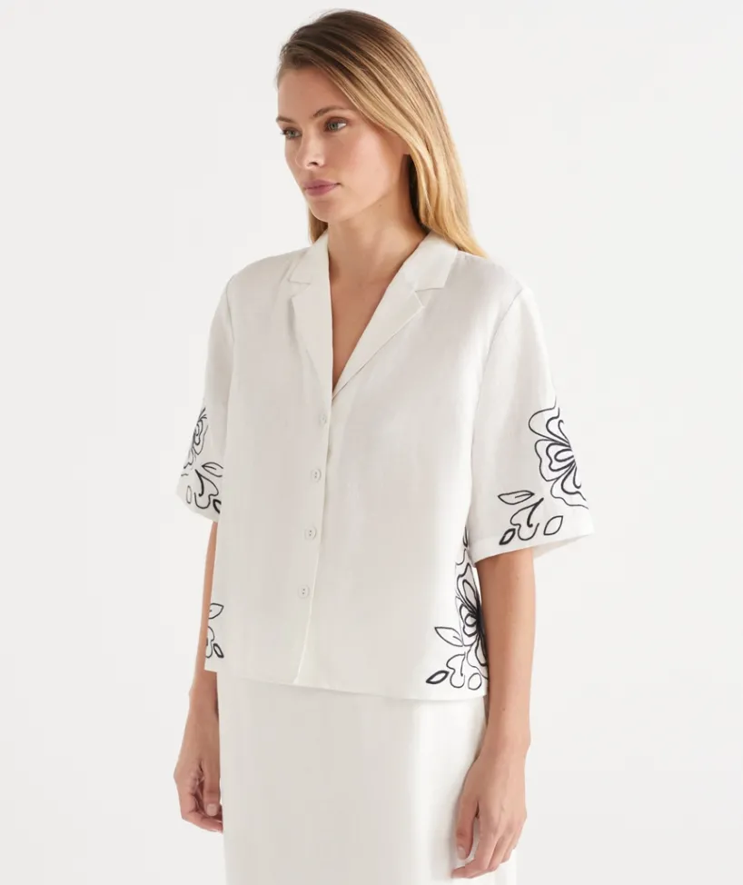 Sussan Matching Sets|Dresses>Floral Embroidered Short Sleeve Shirt - White ANTIQUE WHITE