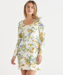 Sussan Nighties>Floral Field Long Sleeve Pointelle Nightie CREAM