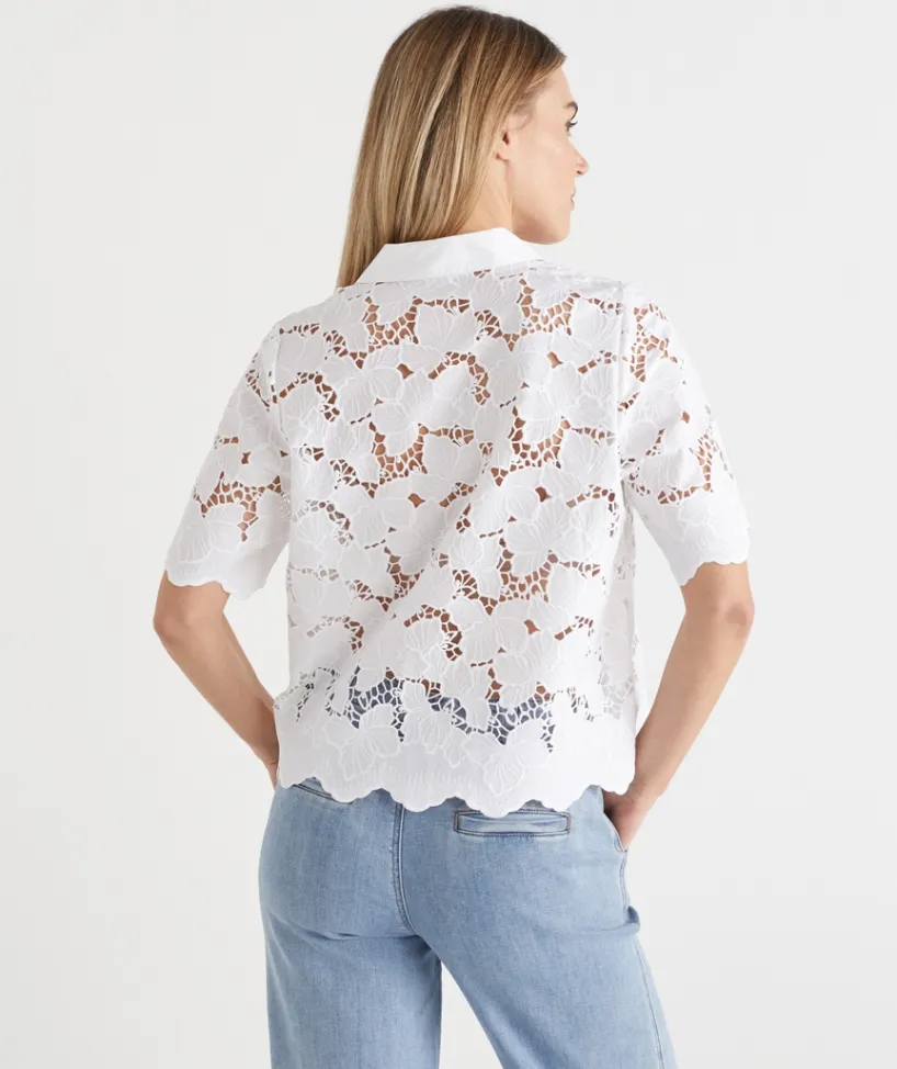 Sussan Tops|Shirts & Blouses>Floral Garden Broderie Short Sleeve Shirt WHITE
