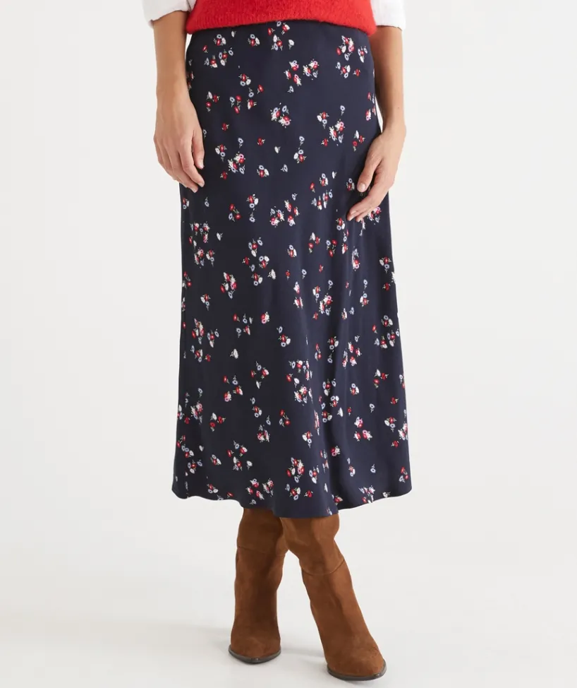 Sussan Skirts>Floral Print Slip Midi Skirt - MIDNIGHT