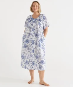 Sussan Dressing Gowns>Floral Toile Short Sleeve Housecoat Robe WHITE