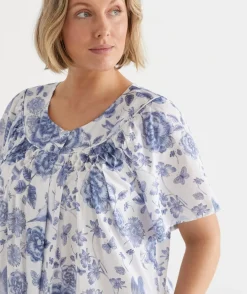 Sussan Dressing Gowns>Floral Toile Short Sleeve Housecoat Robe WHITE