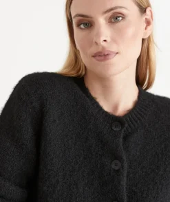 Sussan Tops|Knitwear>Fluffy Knit Crew Cardigan BLACK