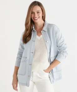 Sussan Denim|Denim Jackets & Shackets>Front Pocket Detail Denim Jacket PALE WASH