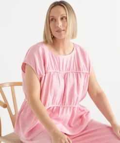 Sussan Tops|Shirts & Blouses>Gathered Short Sleeve Boxy Top PINK SUNSET