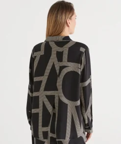 Sussan Tops|Shirts & Blouses>Geometric Print Long Sleeve Shirt BLACK