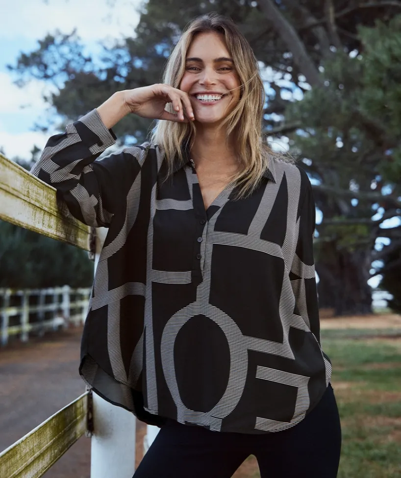 Sussan Tops|Shirts & Blouses>Geometric Print Long Sleeve Shirt BLACK