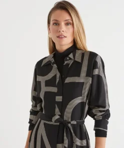 Sussan Dresses>Geometric Print Popover Midi Dress - BLACK