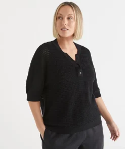 Sussan Tops|Knitwear>Knit Henley Short Sleeve Top