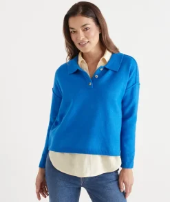 Sussan Tops|Knitwear>Knit Rugby Polo Jumper - ELECTRIC BLUE