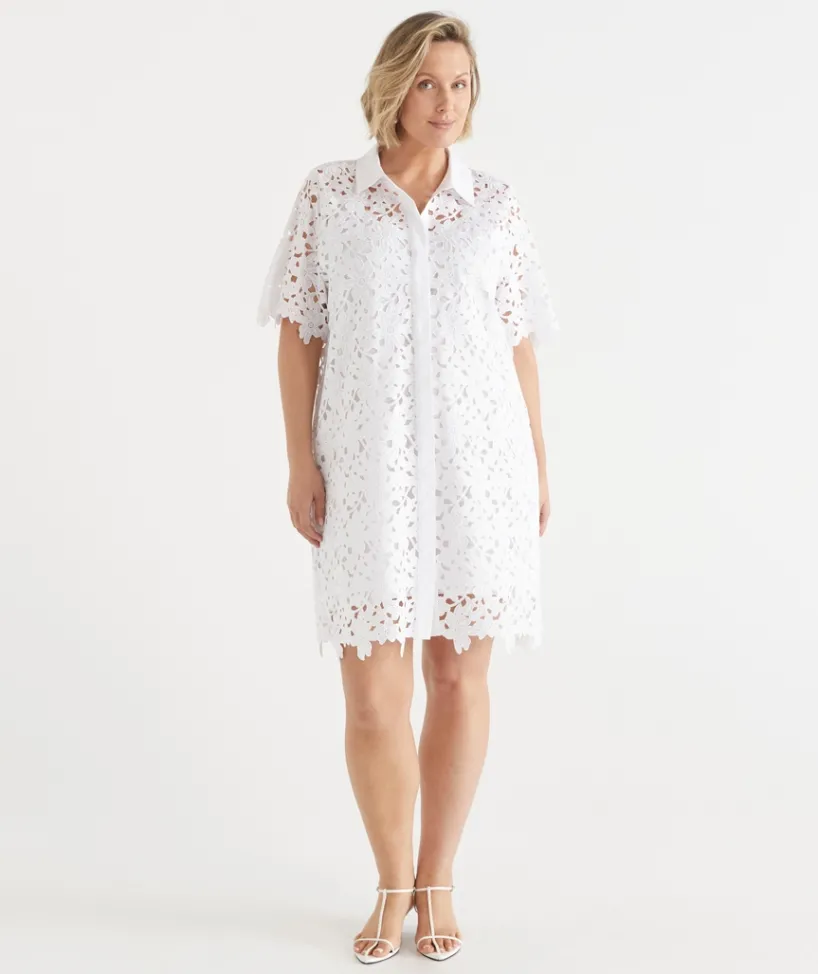 Sussan Dresses>Lace Short Sleeve Shirt Dress WHITE