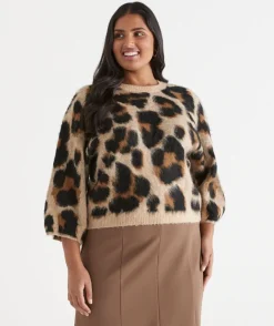 Sussan Tops|Knitwear>Leopard Print 3/4 Sleeve Knit Top BROWN