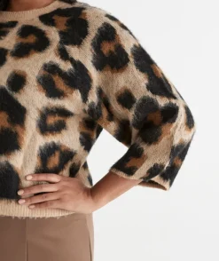 Sussan Tops|Knitwear>Leopard Print 3/4 Sleeve Knit Top BROWN