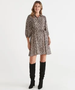 Sussan Dresses>Leopard Print Belted Midi Shirt Dress NATURAL